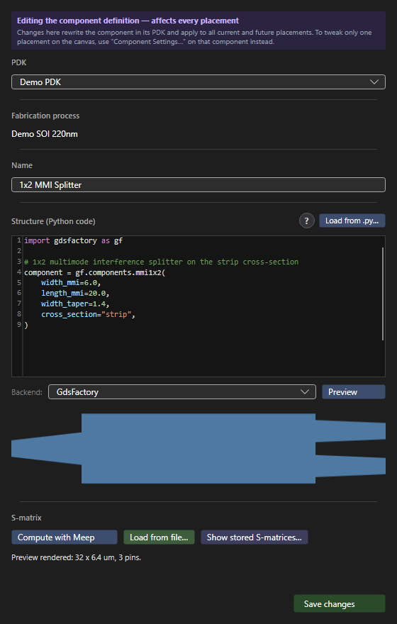 The unified component editor: fork-on-save banner, PDK and fabrication-process context, syntax-highlighted gdsfactory Python code, a rendered geometry preview of the 1x2 MMI, and one-click S-matrix computation via Meep FDTD.