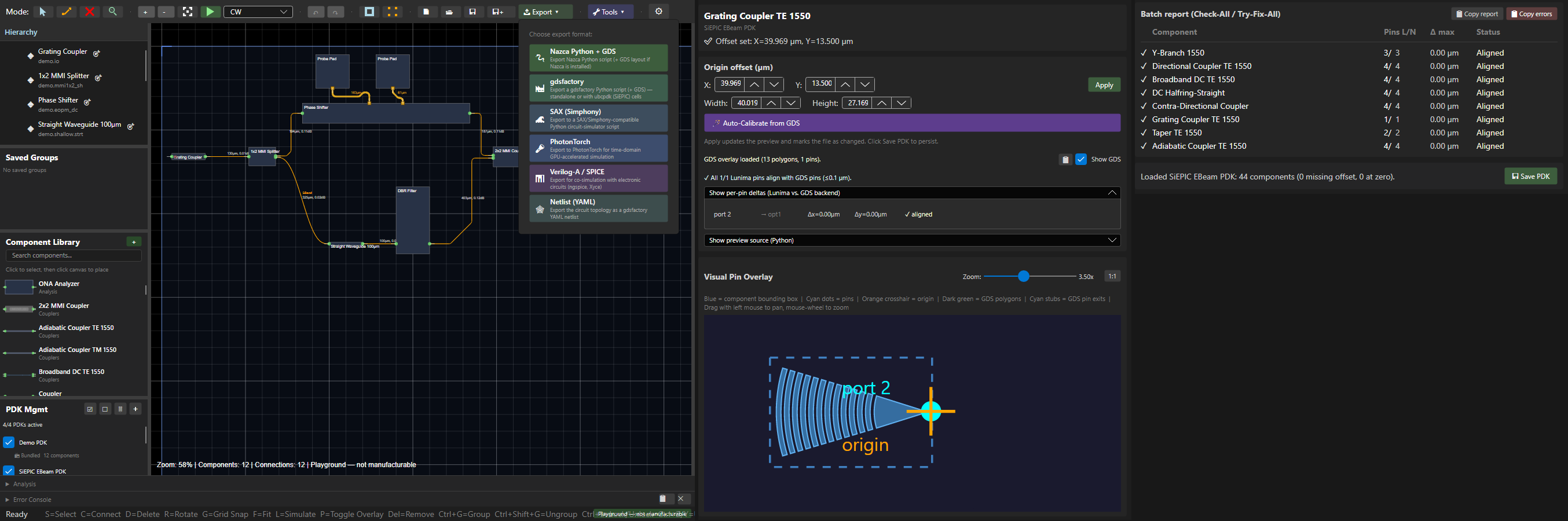 The manufacturing story: the unified Export flyout over the chip listing gdsfactory and nazca GDS back-ends, the PDK calibration editor rendering the SiEPIC grating coupler's actual GDS geometry with its pin sitting exactly on the cell origin, and an all-green Check-All calibration report.