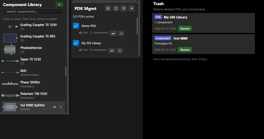 The PDK lifecycle in one view: component library with per-component edit and restore-original actions, PDK management listing a forked user copy that shadows its bundled original, and the trash panel restoring deleted PDKs or single components.