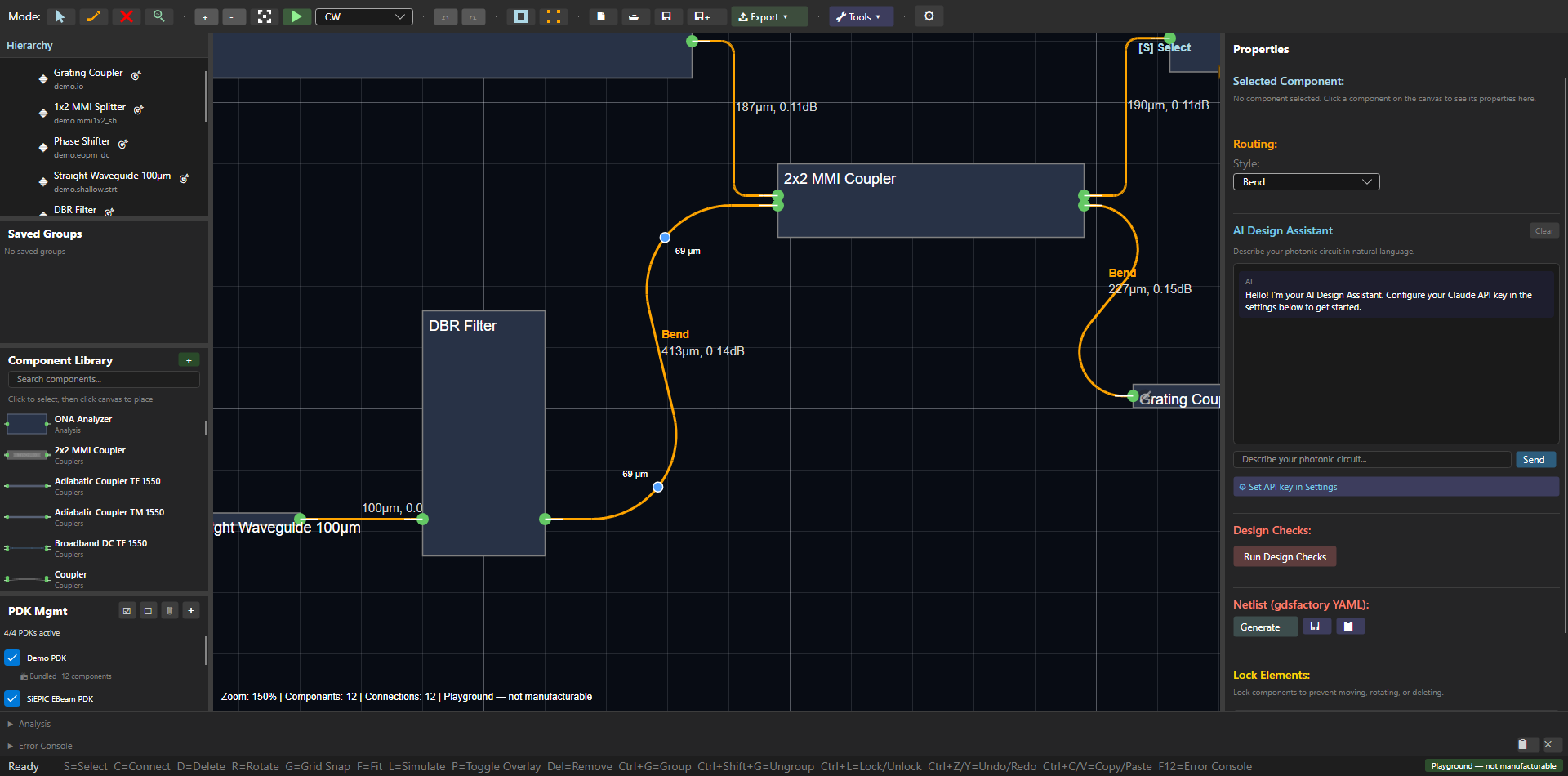 Figma-style waveguide editing: a selected connection shows draggable in-canvas bend-radius handles with live radius labels, and the per-connection Routing panel is set to the Bend style.
