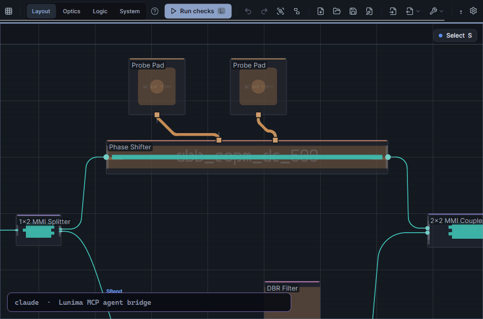 A terminal-style overlay lists the real MCP tool calls an agent makes on the canvas: list_connections finds the blocked metal trace of a moved probe pad, suggest_fixes tries nudges in a sandbox, move_component moves the pad clear and all 12 connections route.
