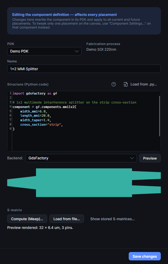 The unified component editor: PDK and fabrication-process context, syntax-highlighted gdsfactory Python code, a rendered geometry preview of the 1x2 MMI, and one-click S-matrix computation via Meep FDTD.