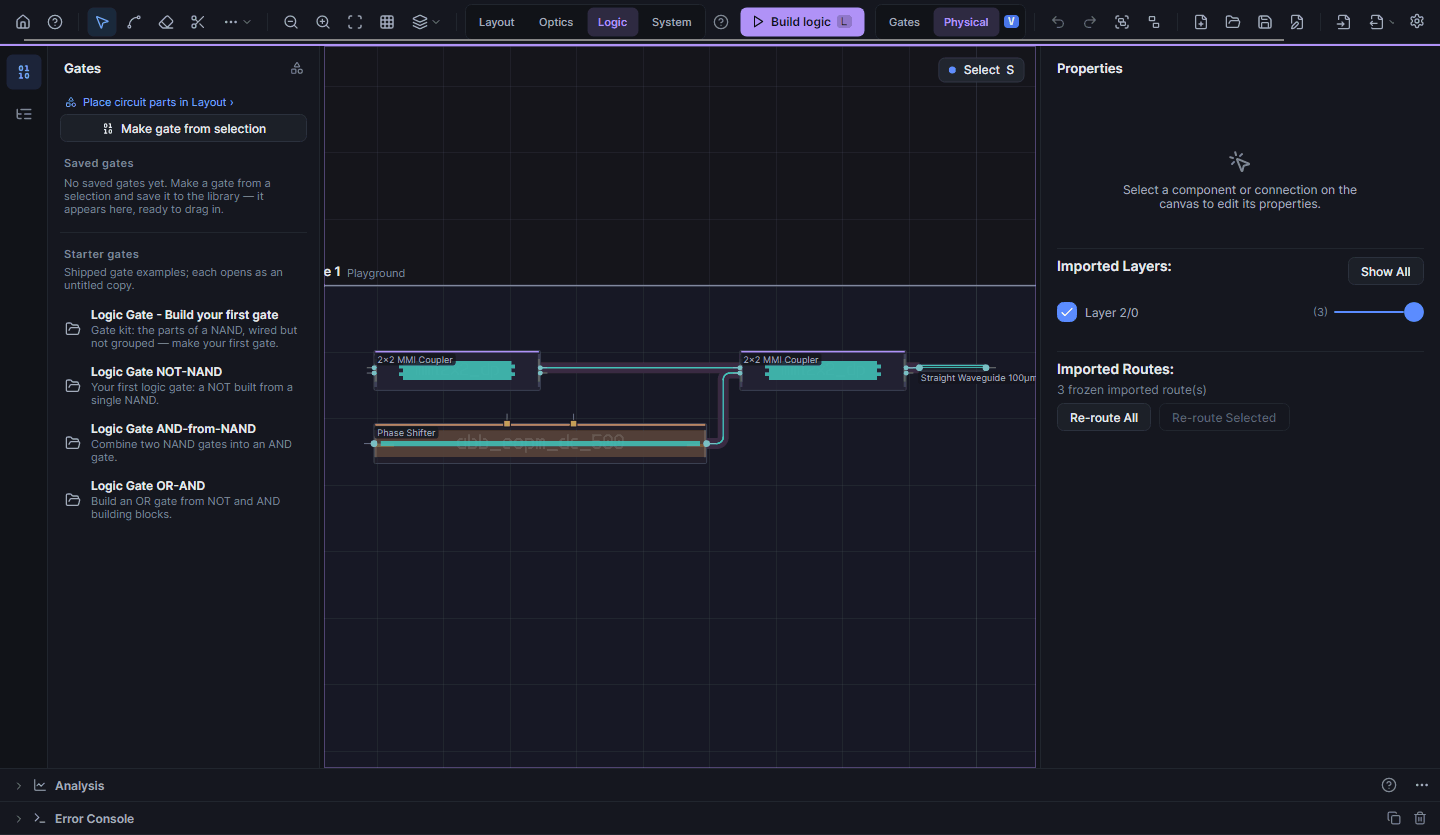In the Logic workspace the parts of the gate kit are box-selected, Make gate groups them and opens the gate steps, and the simulated truth table with its automatic threshold reads NAND in every row.
