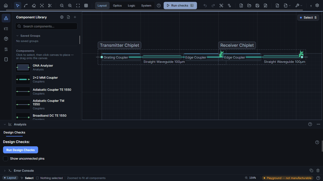 Switching the shipped two-chiplet example through the Layout, Optics, Logic and System workspaces: the accent colour, the Run button, the left panel (library, sources, gates, chiplets) and the analysis tabs change with each workspace.